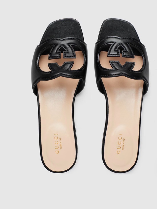 Gucci Shoes - Gucci Black Leather Interlocking-G Slide Sandals - Women